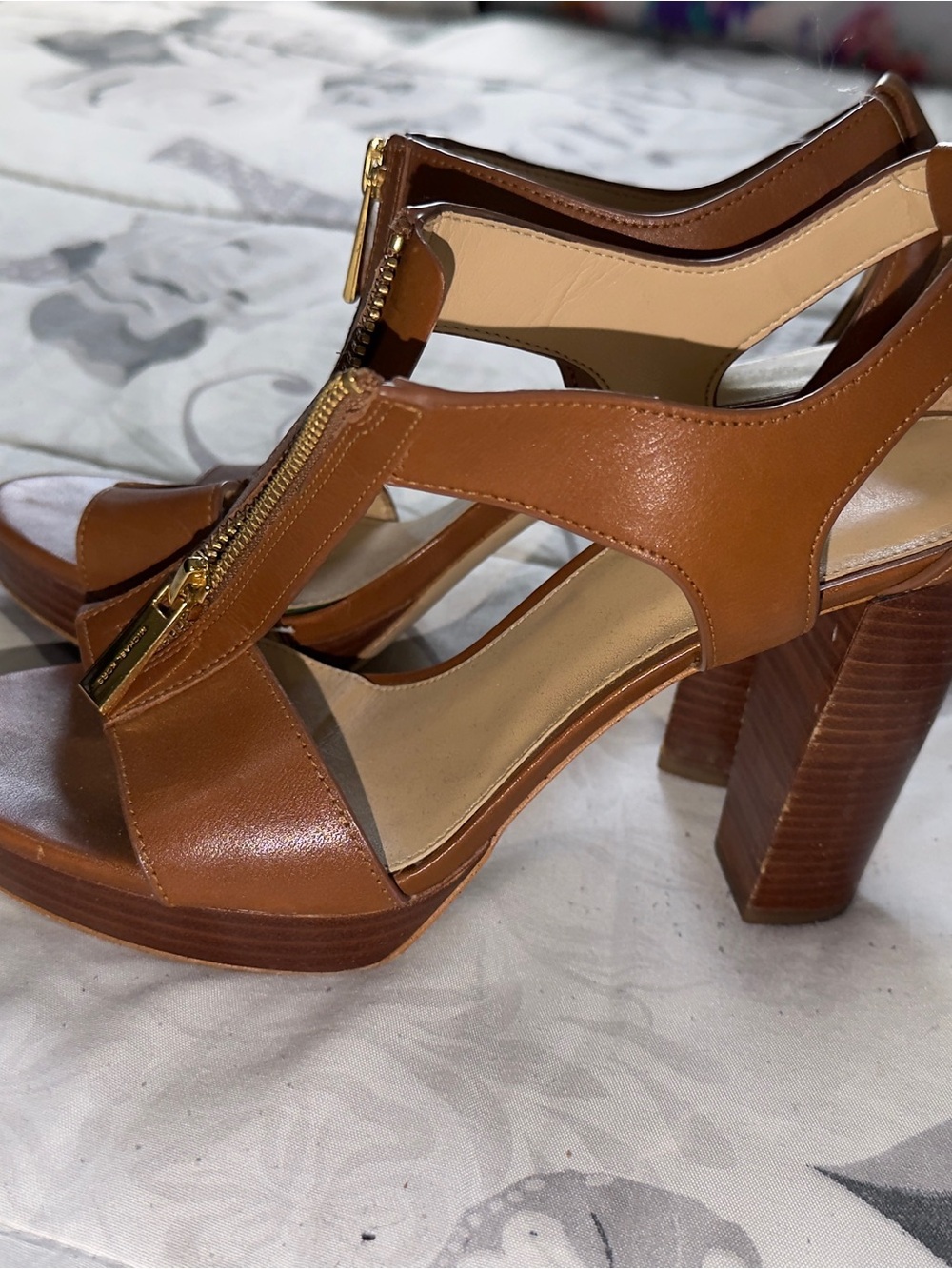 Michael Kors Brown Leather Platform Block Heel Sandals with Gold Zip